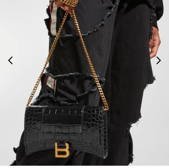 NEW - Authentic Balenciaga hourglass shiny Mock-Croc chain wallet Black Gold - Picture 2 of 7